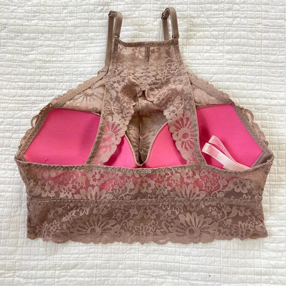 PINK Victoria’s Secret Lace Bralette Tan High Neck Small - Picture 3 of 6